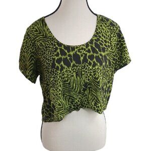 Moda International Crop Top Womens Size M Green Animal Print Short Sleeve Y2K